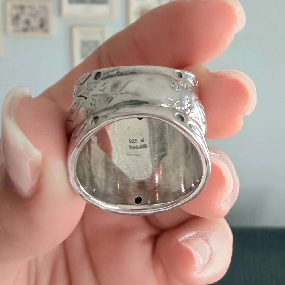 Sterling Silver 925 Wide Spinner Ring | Hand Engraved Boho Statement - Size 8 - Picture 4 of 6